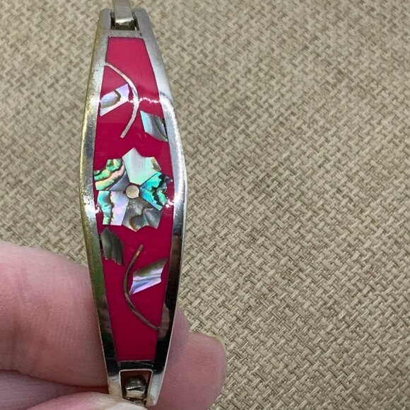 Alpaca Mexico Vintage Pink Silver Abalone Flower Inlay Bangle Bracelet - Picture 4 of 7